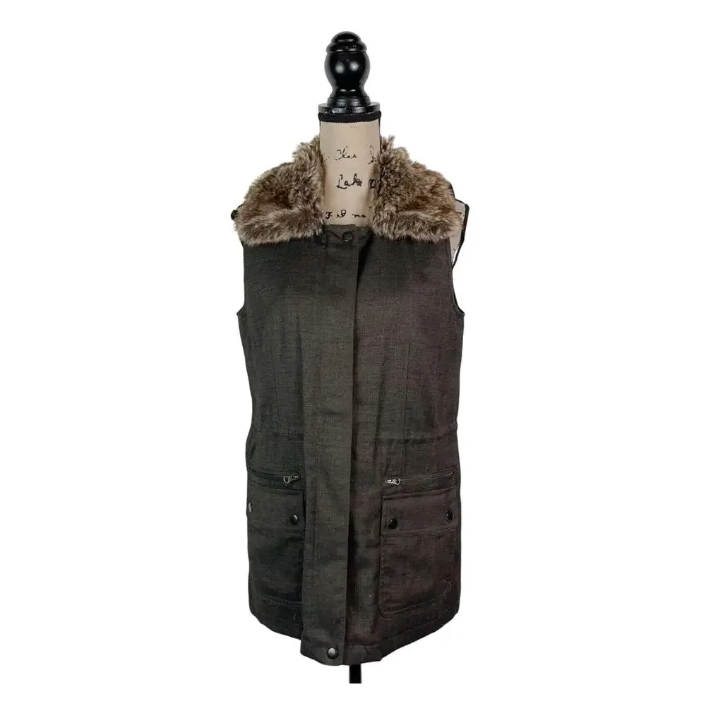 J Jill Women Vest with Fur Trim Collar Sz. Lrg Brown EUC Winter layering piece